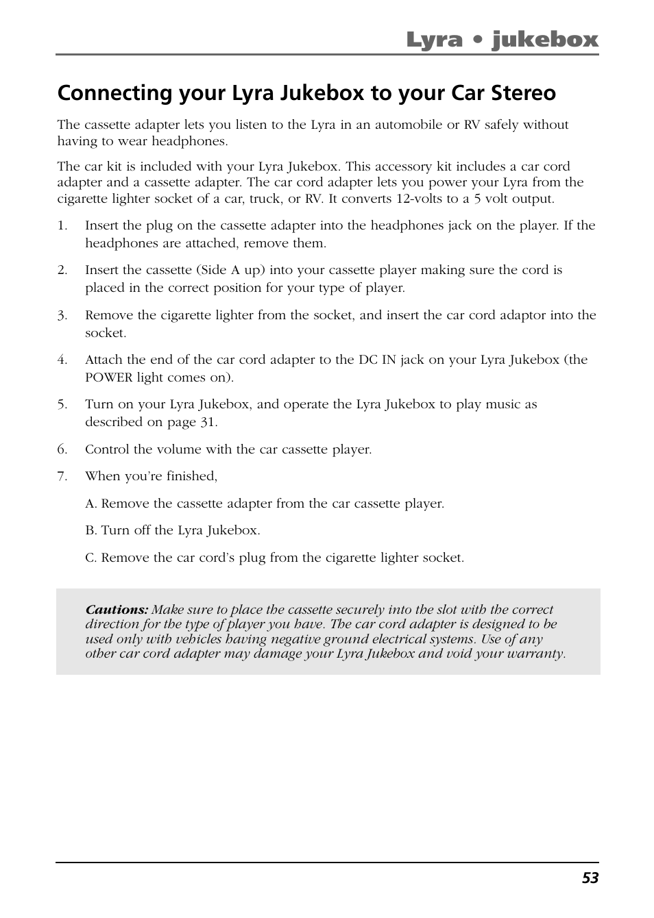 Connecting your lyra jukebox to your car stereo, Lyra • jukebox | RCA Lyra RD2850 User Manual | Page 53 / 64