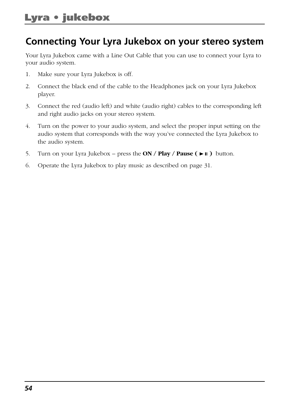 Connecting your lyra jukebox on your stereo system | RCA Lyra RD2850 User Manual | Page 54 / 64