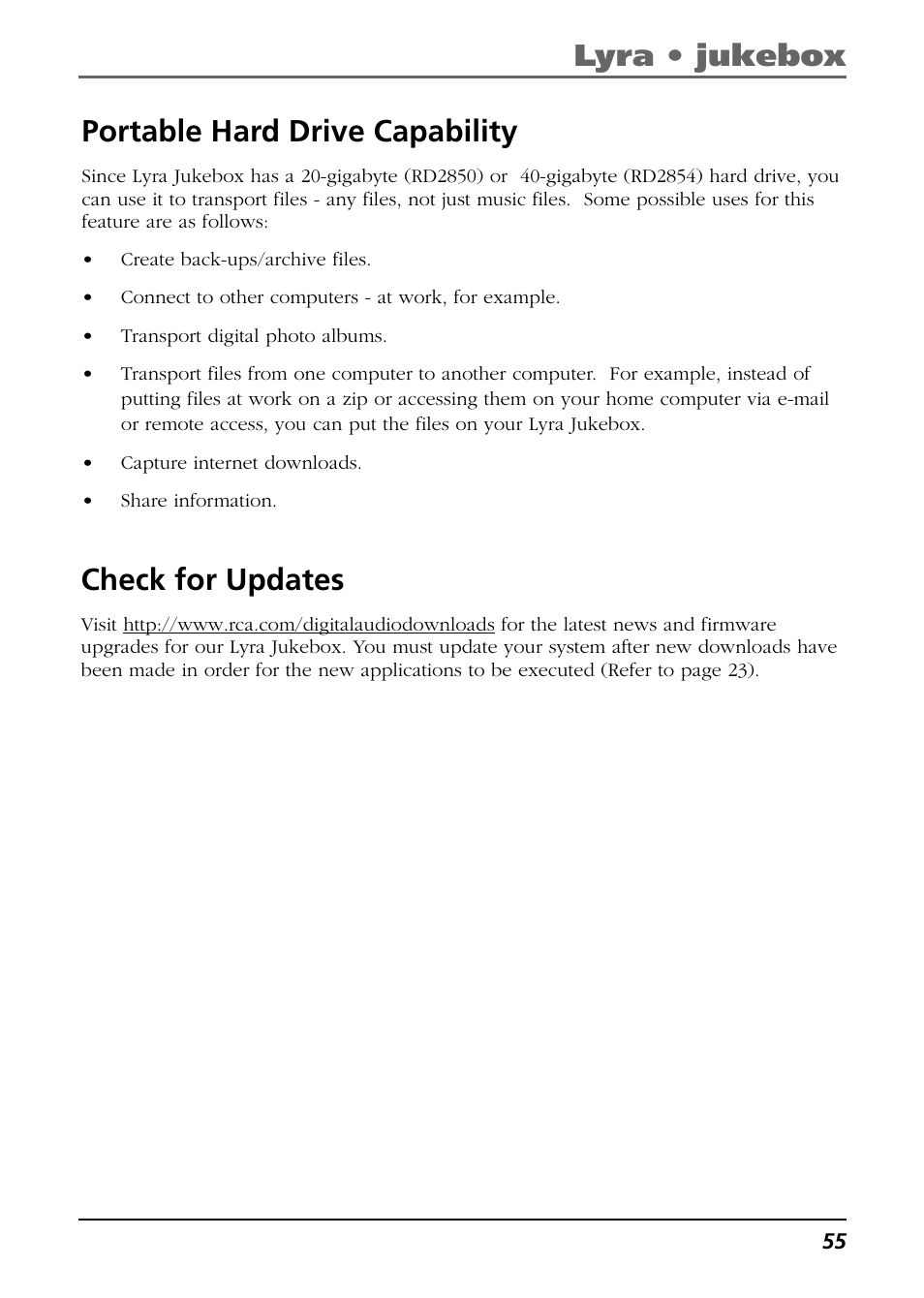 Check for updates, Portable hard drive capability, Lyra • jukebox | RCA Lyra RD2850 User Manual | Page 55 / 64