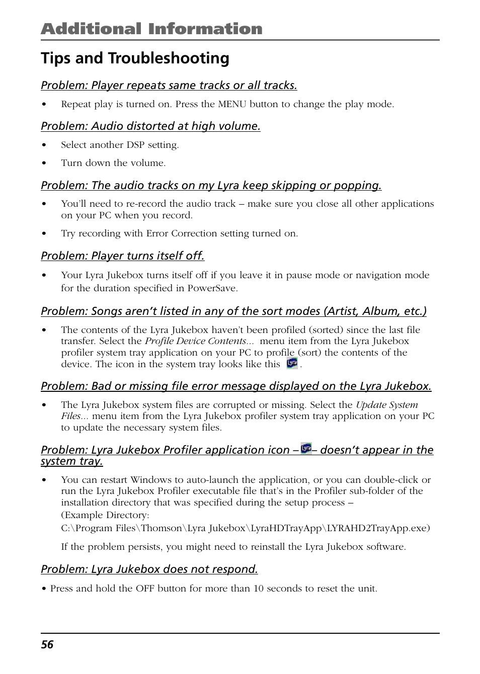 Tips and troubleshooting, Additional information tips and troubleshooting | RCA Lyra RD2850 User Manual | Page 56 / 64