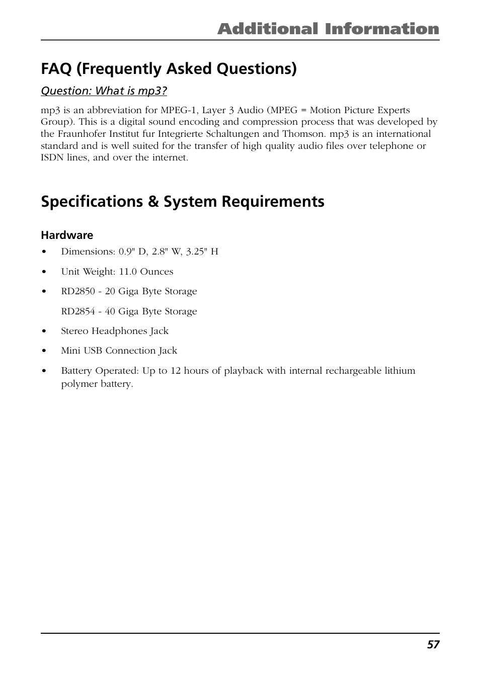 Faq (frequently asked questions), Specifications & system requirements, Hardware | RCA Lyra RD2850 User Manual | Page 57 / 64