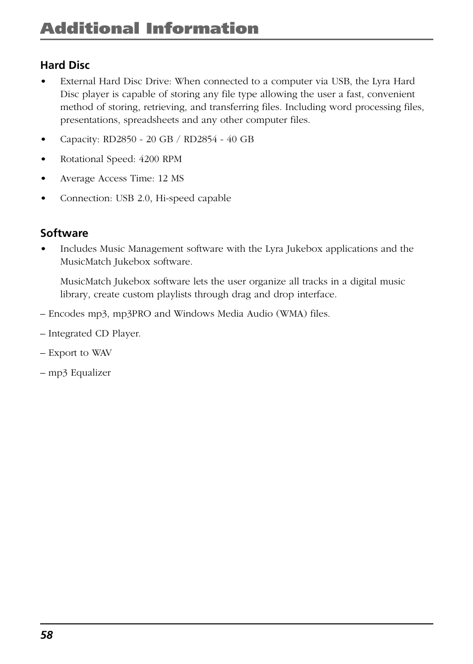 Hard disc, Software, Additional information | RCA Lyra RD2850 User Manual | Page 58 / 64