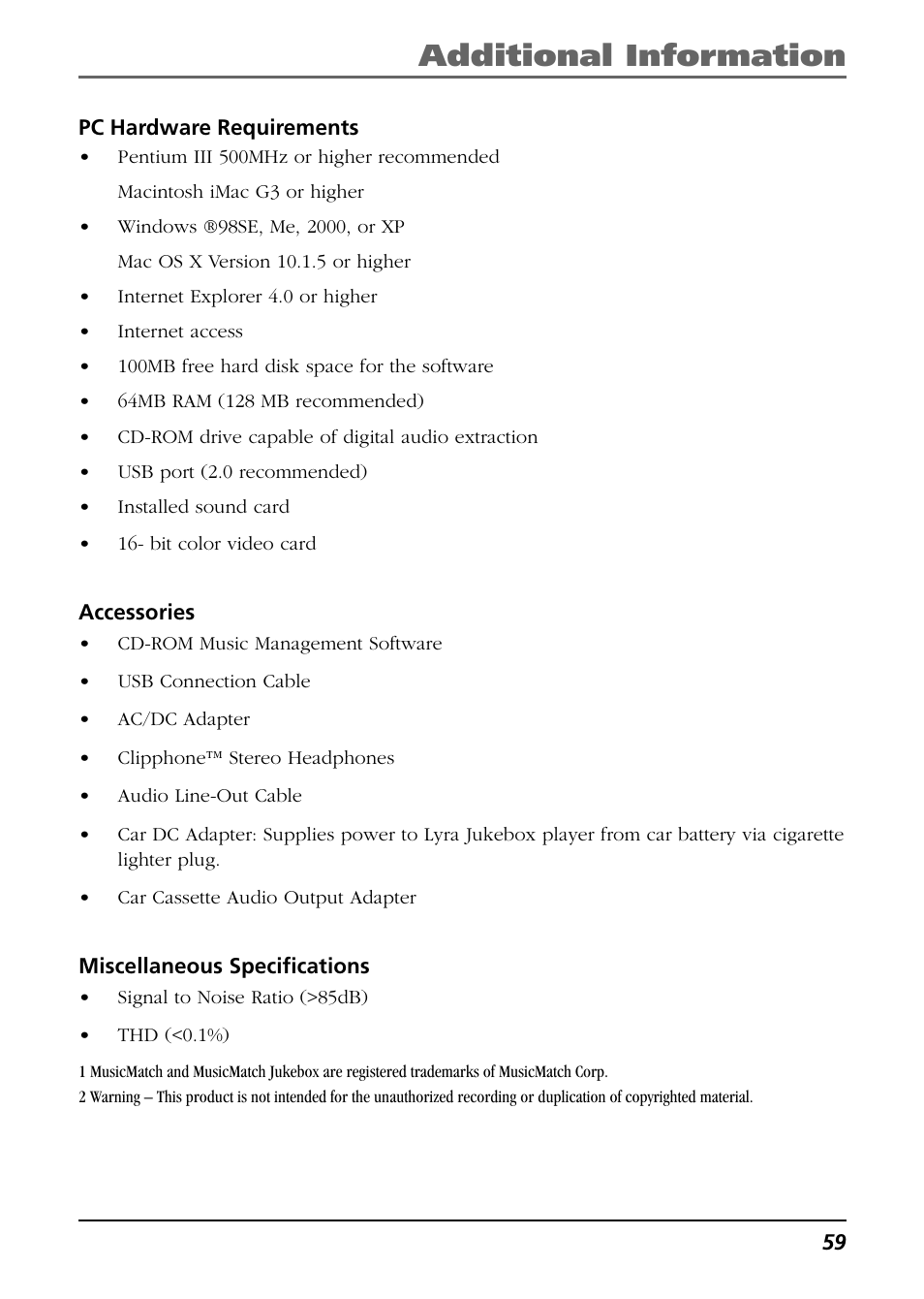 Pc hardware requirements, Accessories, Miscellaneous specifications | Additional information | RCA Lyra RD2850 User Manual | Page 59 / 64