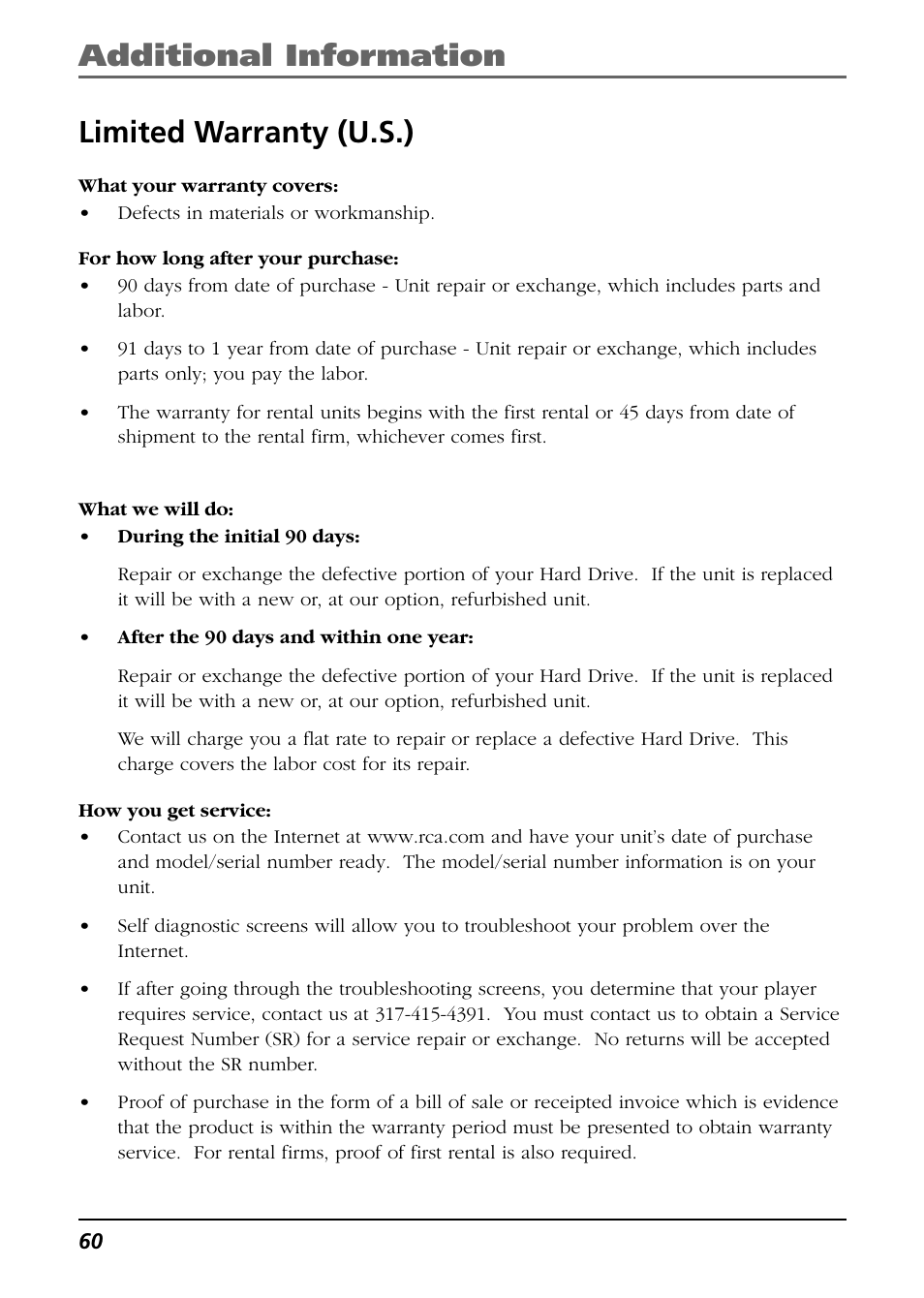 Limited warranty (u.s.), Additional information limited warranty (u.s.) | RCA Lyra RD2850 User Manual | Page 60 / 64