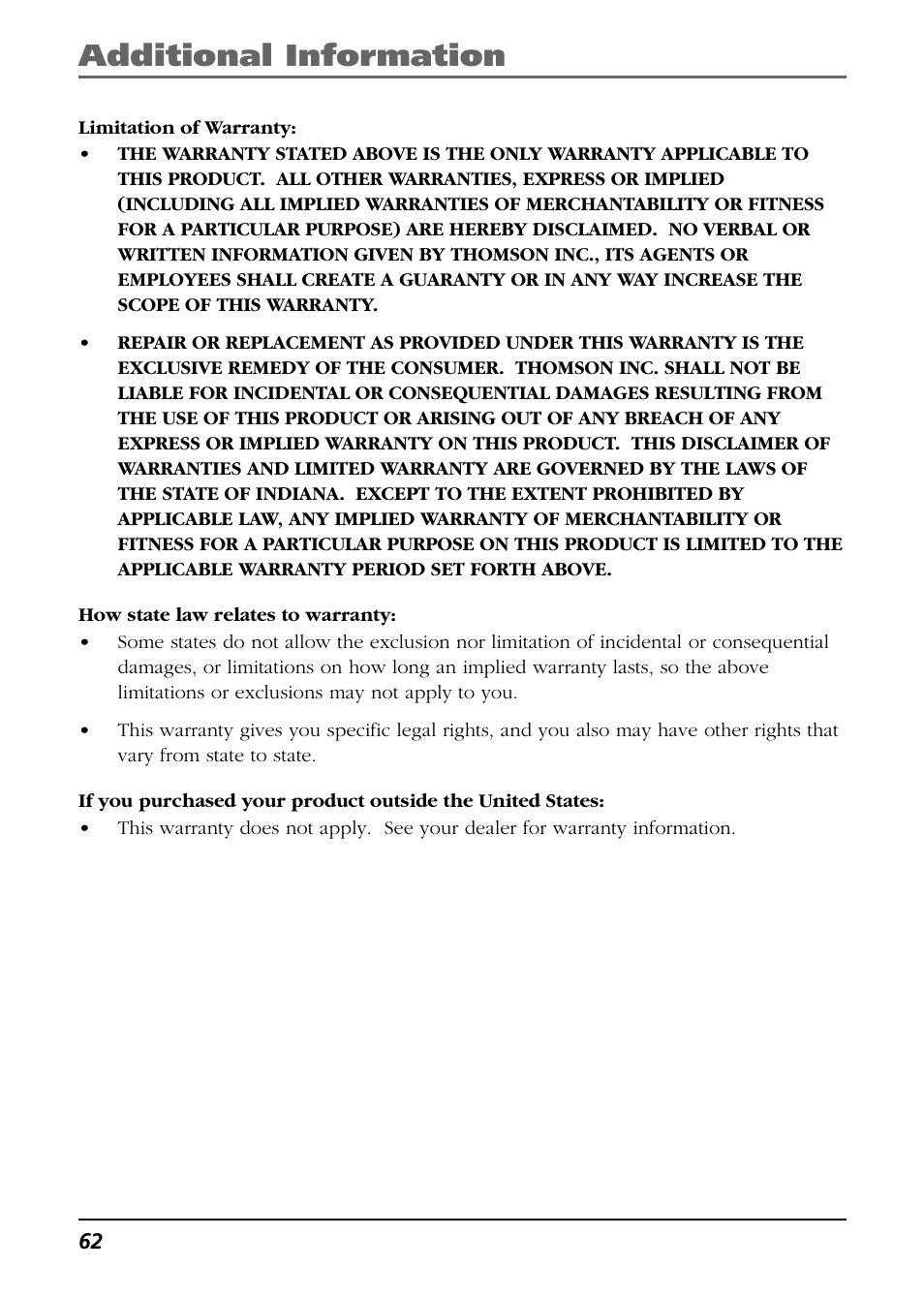 Additional information | RCA Lyra RD2850 User Manual | Page 62 / 64