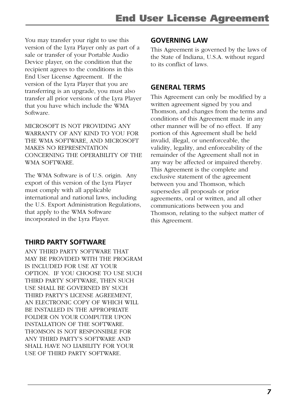 End user license agreement | RCA Lyra RD2850 User Manual | Page 7 / 64