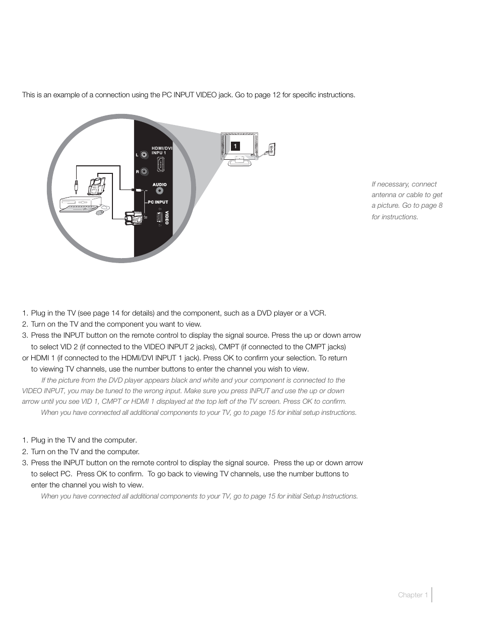 Pc connection, Viewing the picture from the connected component, Viewing a pc | RCA L19HD41 User Manual | Page 13 / 40