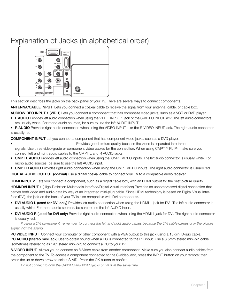 Explanation of jacks (in alphabetical order), Connections and setup chapter 1 | RCA L19HD41 User Manual | Page 17 / 40