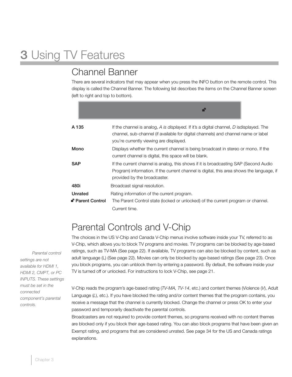 3 using tv features, Channel banner, Parental controls and v-chip | RCA L19HD41 User Manual | Page 20 / 40