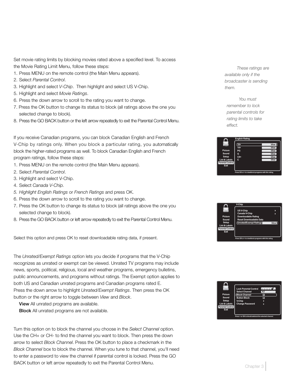 Us v-chip movie rating limit, Blocking canada v-chip ratings, Reset downloadable data | Blocking unrated/exempt programs, Block channel | RCA L19HD41 User Manual | Page 23 / 40