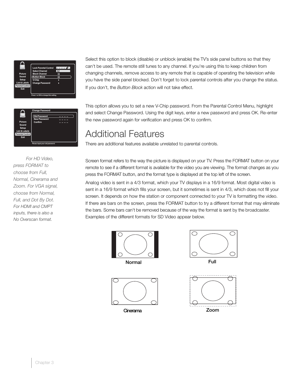 Additional features, Block buttons, Change password | Screen formats | RCA L19HD41 User Manual | Page 24 / 40