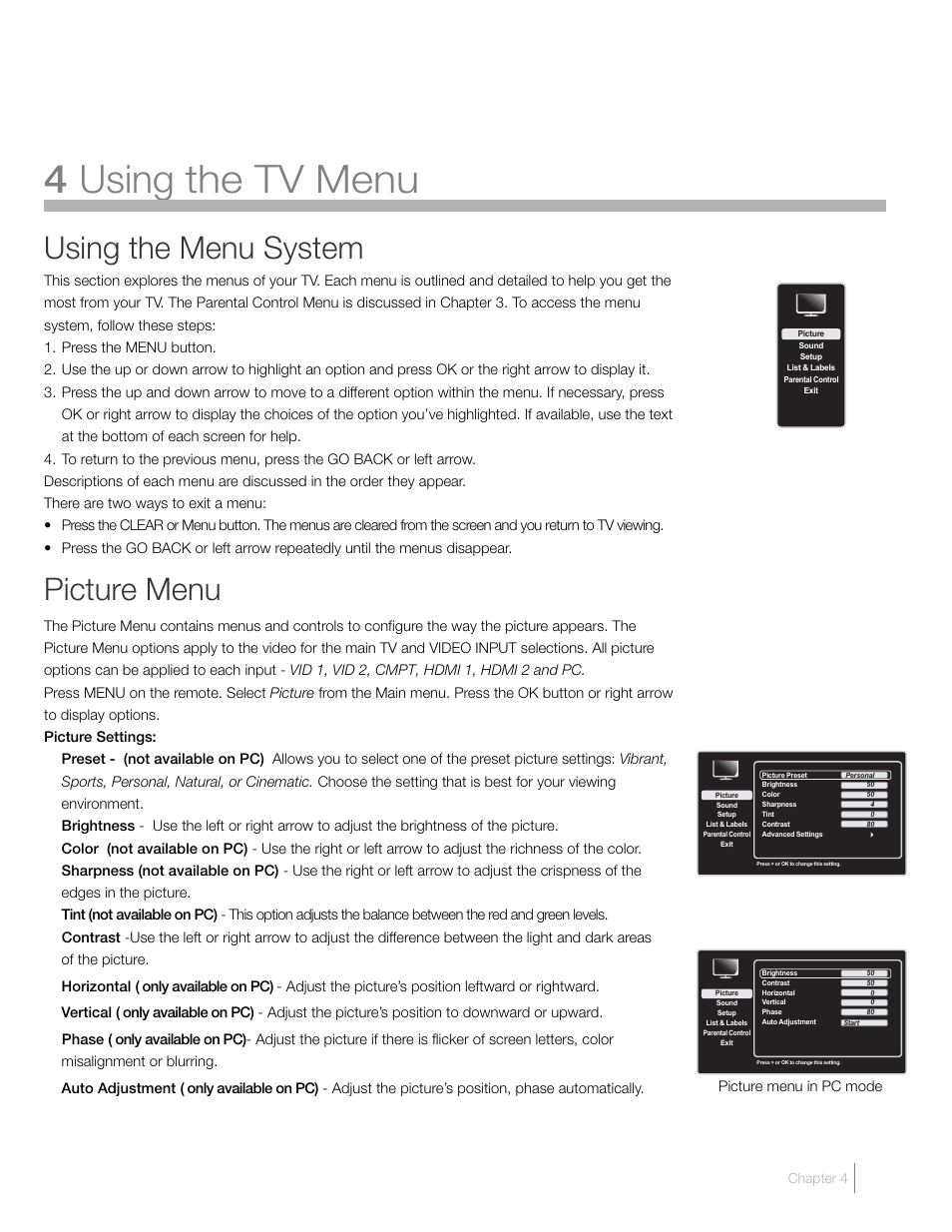 4 using the tv menu, Using the menu system, Picture menu | RCA L19HD41 User Manual | Page 25 / 40