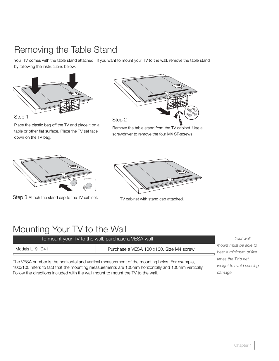 Removing the table stand, Mounting your tv to the wall | RCA L19HD41 User Manual | Page 7 / 40