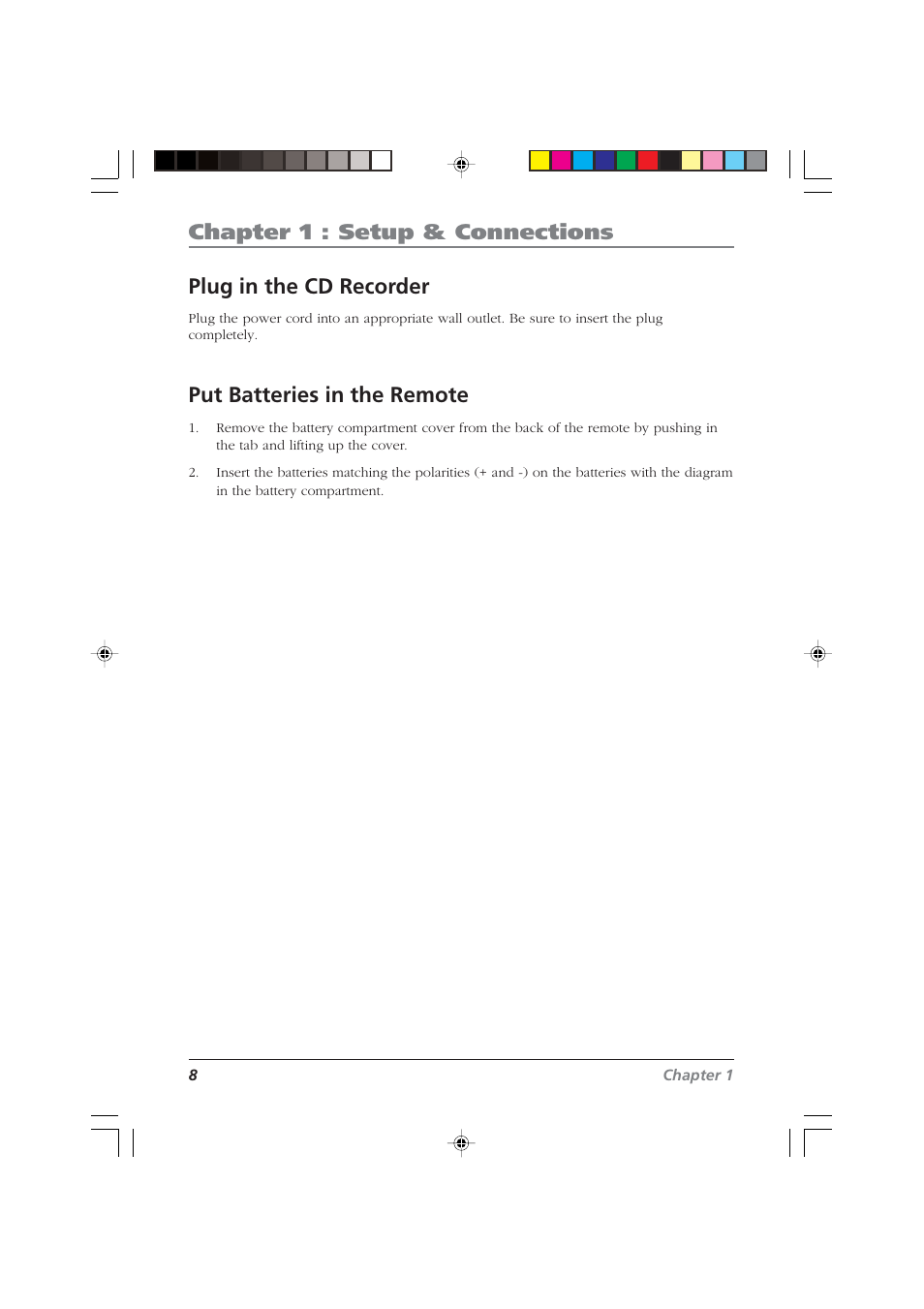 Chapter 1 : setup & connections, Plug in the cd recorder, Put batteries in the remote | RCA CDRW120 User Manual | Page 10 / 32