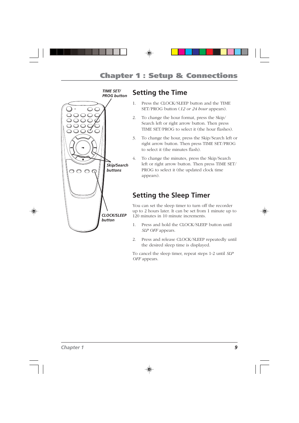 Chapter 1 : setup & connections, Setting the time, Setting the sleep timer | Chapter 1 9 | RCA CDRW120 User Manual | Page 11 / 32