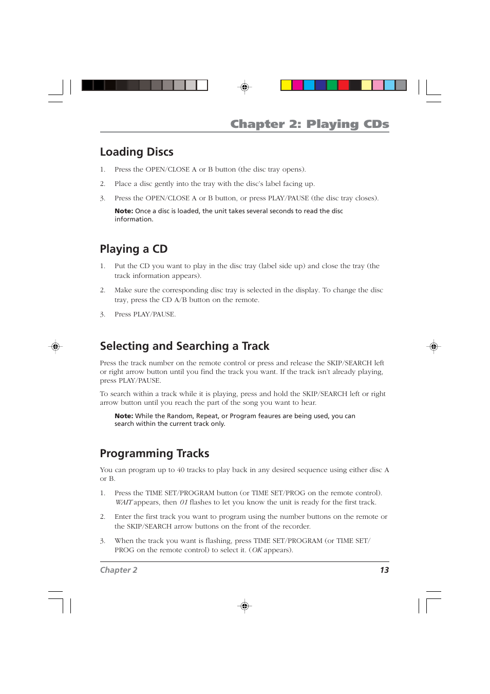 Chapter 2: playing cds, Loading discs, Playing a cd | Selecting and searching a track, Programming tracks | RCA CDRW120 User Manual | Page 15 / 32