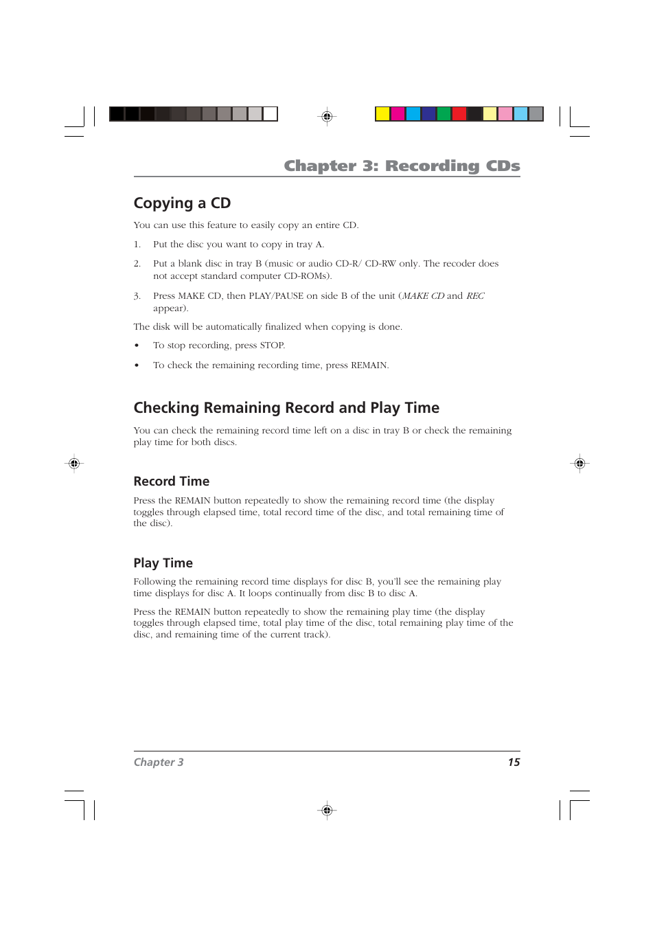Chapter 3: recording cds, Copying a cd, Checking remaining record and play time | Record time, Play time | RCA CDRW120 User Manual | Page 17 / 32