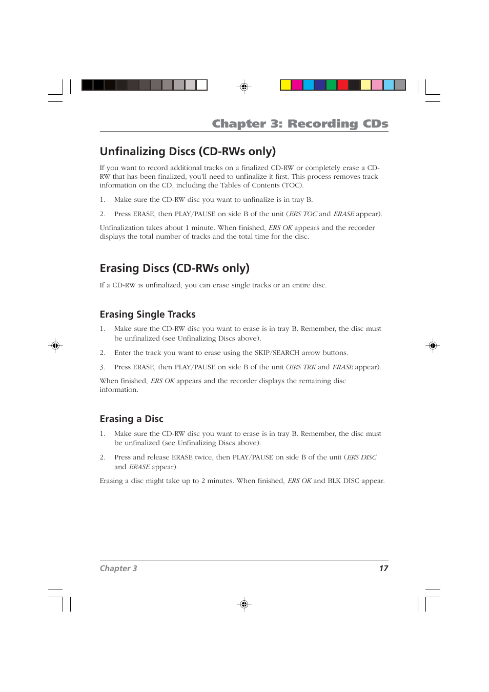 Chapter 3: recording cds, Unfinalizing discs (cd-rws only), Erasing discs (cd-rws only) | Erasing single tracks, Erasing a disc | RCA CDRW120 User Manual | Page 19 / 32