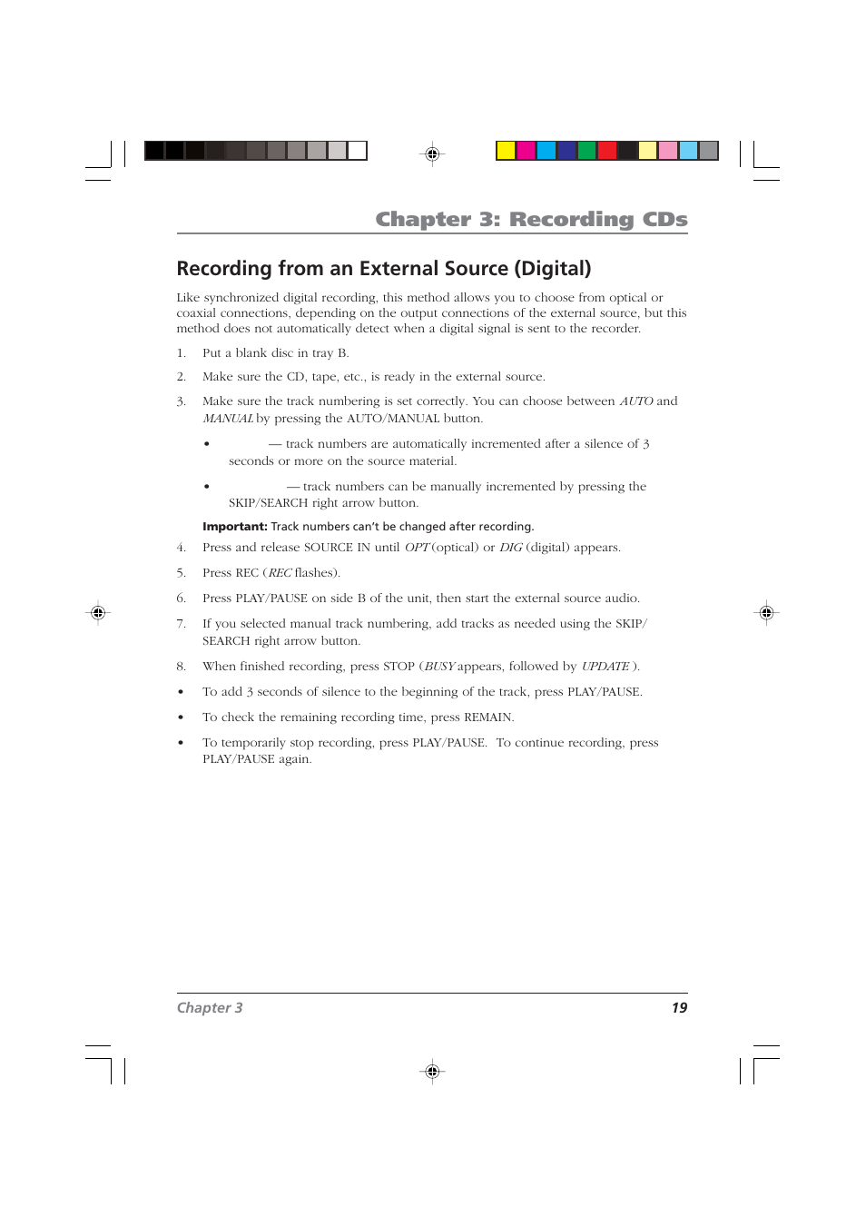 Chapter 3: recording cds, Recording from an external source (digital) | RCA CDRW120 User Manual | Page 21 / 32