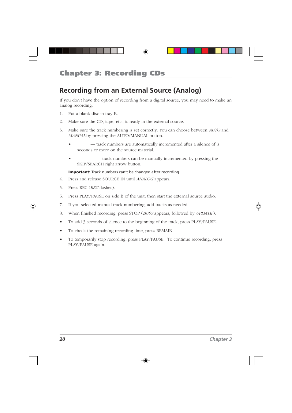 Chapter 3: recording cds, Recording from an external source (analog) | RCA CDRW120 User Manual | Page 22 / 32