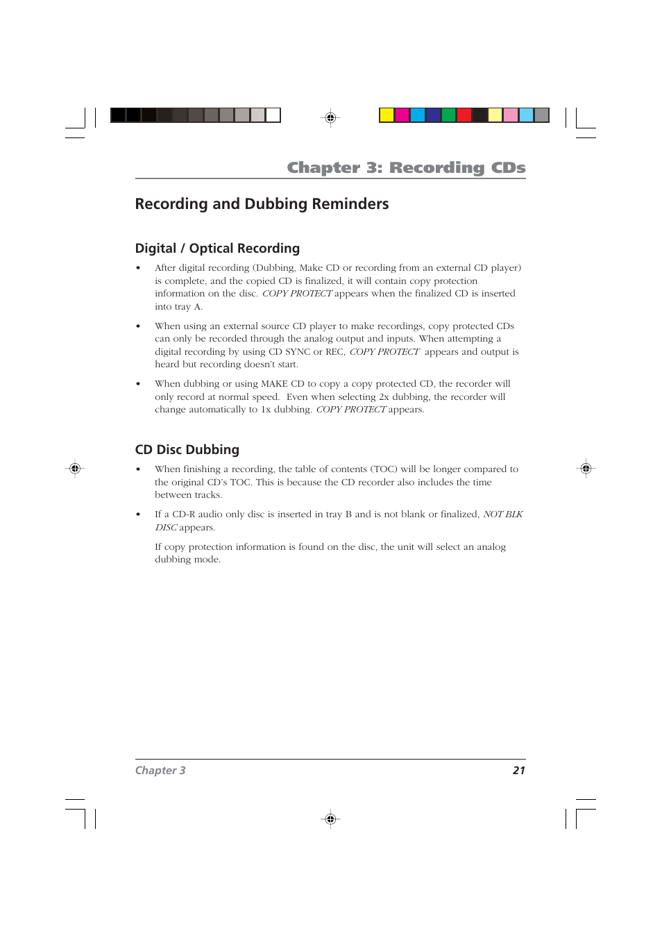Chapter 3: recording cds, Recording and dubbing reminders, Digital / optical recording | Cd disc dubbing | RCA CDRW120 User Manual | Page 23 / 32