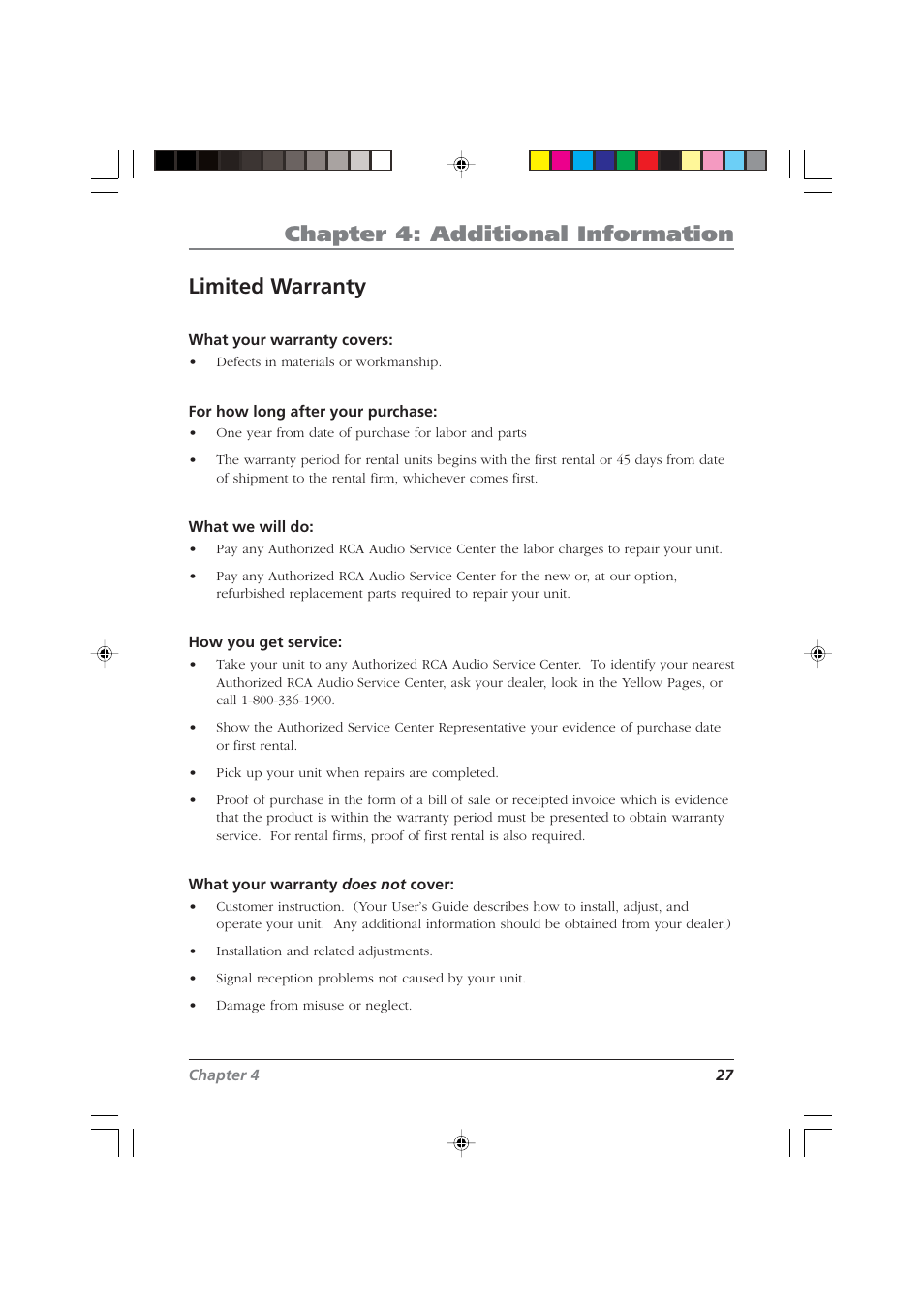 Chapter 4: additional information, Limited warranty | RCA CDRW120 User Manual | Page 29 / 32