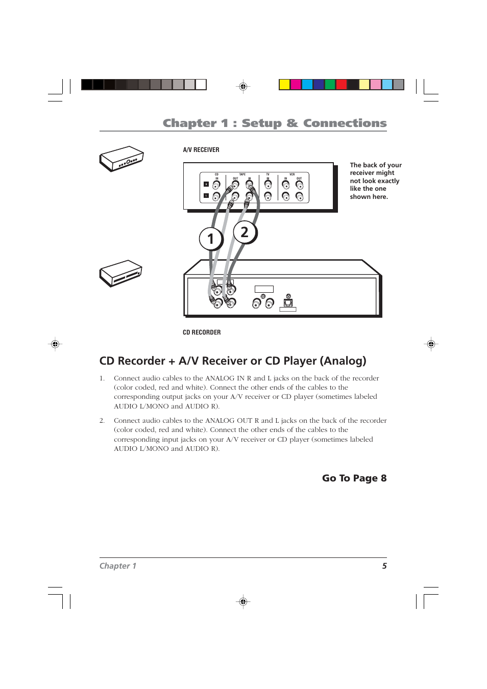 Chapter 1 : setup & connections, Cd recorder + a/v receiver or cd player (analog), Go to page 8 | Cd recor der, A/v rece iver, Chapter 1 5 | RCA CDRW120 User Manual | Page 7 / 32