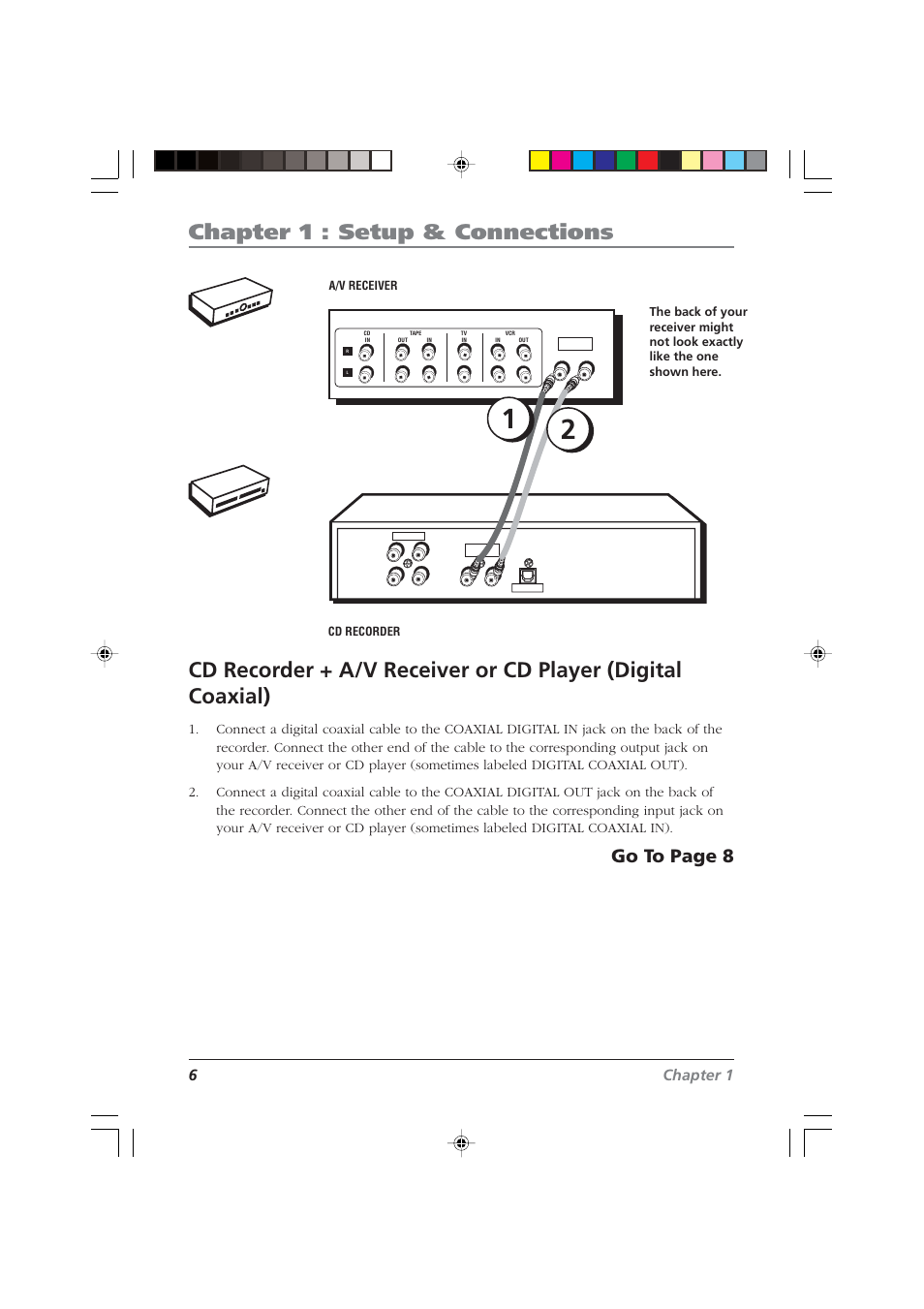 Chapter 1 : setup & connections, Go to page 8, Cd recor der | A/v rece iver, 6chapter 1 | RCA CDRW120 User Manual | Page 8 / 32