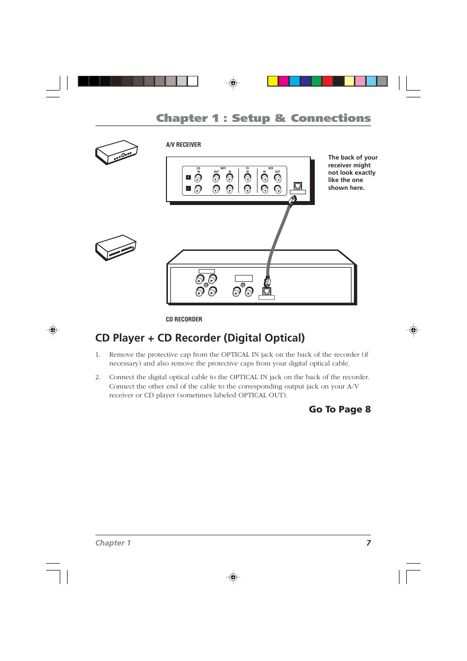 Chapter 1 : setup & connections, Cd player + cd recorder (digital optical), Go to page 8 | Cd recor der, A/v rece iver, Chapter 1 7 | RCA CDRW120 User Manual | Page 9 / 32