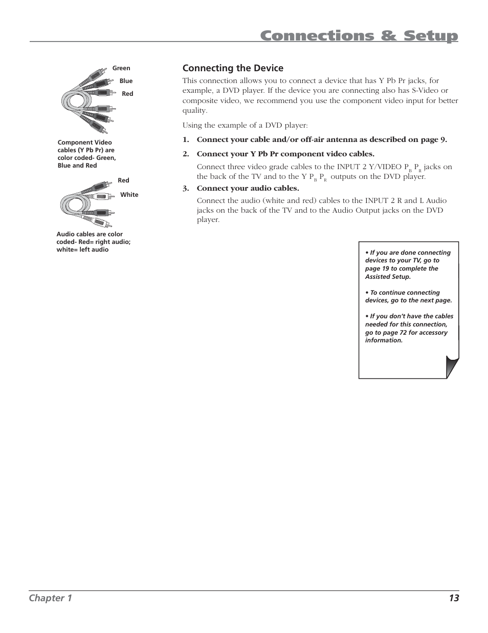 Connections & setup, Chapter 1 13, Connecting the device | RCA HD50LPW62 User Manual | Page 15 / 80