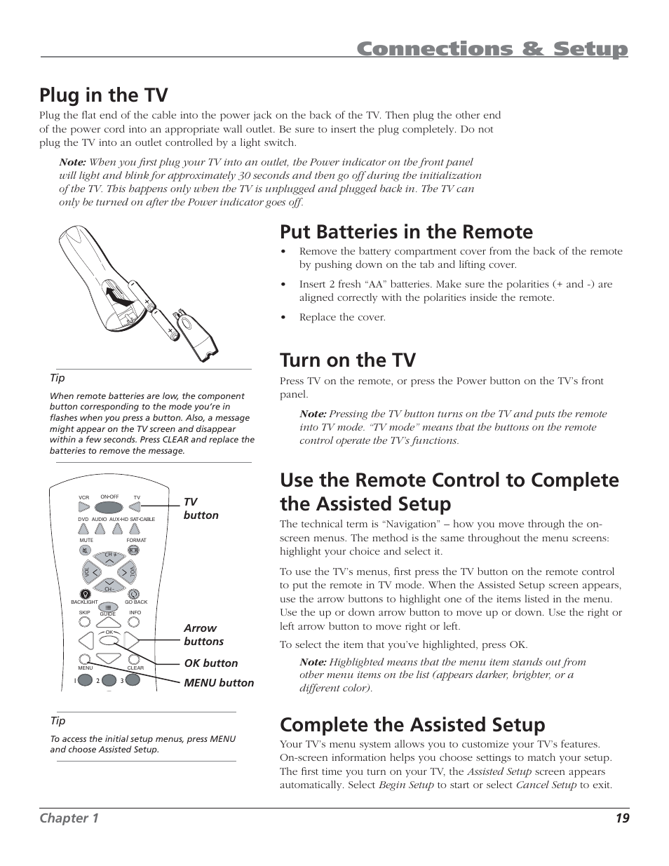 Connections & setup, Plug in the tv, Put batteries in the remote | Turn on the tv, Complete the assisted setup, Chapter 1 19 | RCA HD50LPW62 User Manual | Page 21 / 80