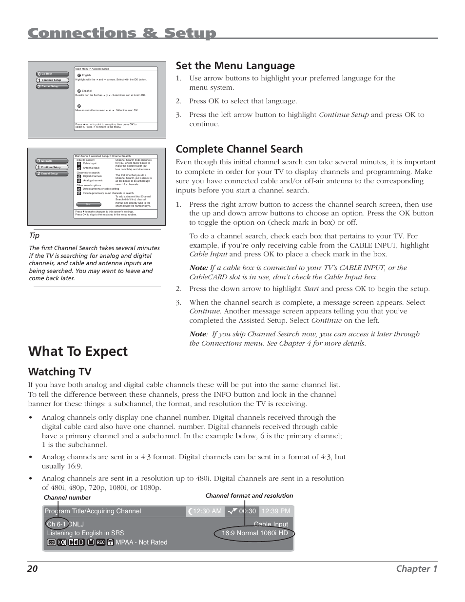 Connections & setup, What to expect, Set the menu language | Complete channel search, Watching tv, 20 chapter 1 | RCA HD50LPW62 User Manual | Page 22 / 80