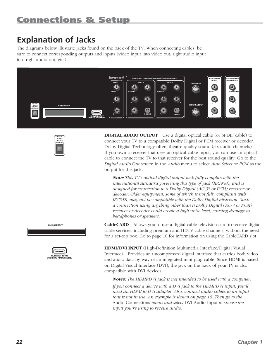 Connections & setup, Explanation of jacks, 22 chapter 1 | RCA HD50LPW62 User Manual | Page 24 / 80
