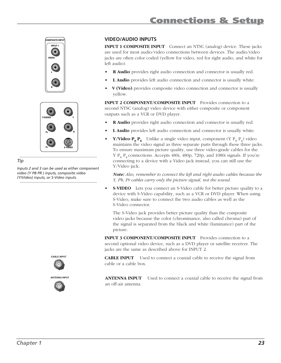 Connections & setup, Chapter 1 23, Video/audio inputs | RCA HD50LPW62 User Manual | Page 25 / 80
