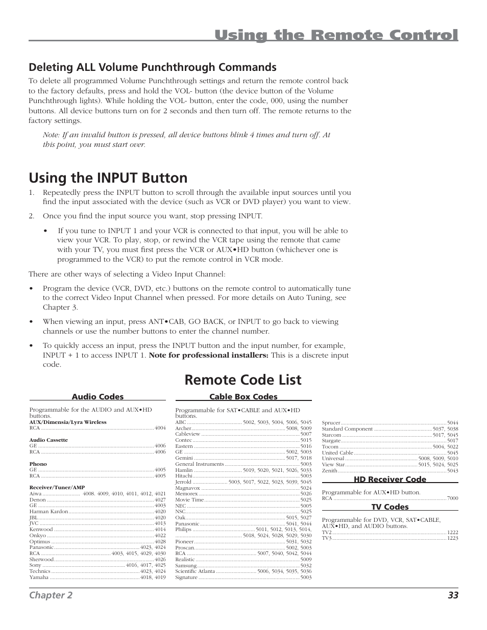 Using the remote control, Using the input button, Remote code list | Deleting all volume punchthrough commands | RCA HD50LPW62 User Manual | Page 35 / 80