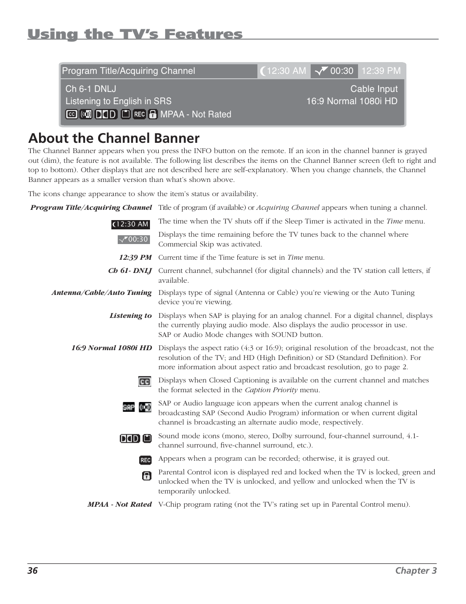 Using the tv’s features, About the channel banner | RCA HD50LPW62 User Manual | Page 38 / 80