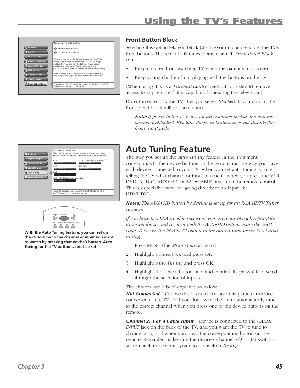 Using the tv’s features, Auto tuning feature, Chapter 3 45 front button block | RCA HD50LPW62 User Manual | Page 47 / 80