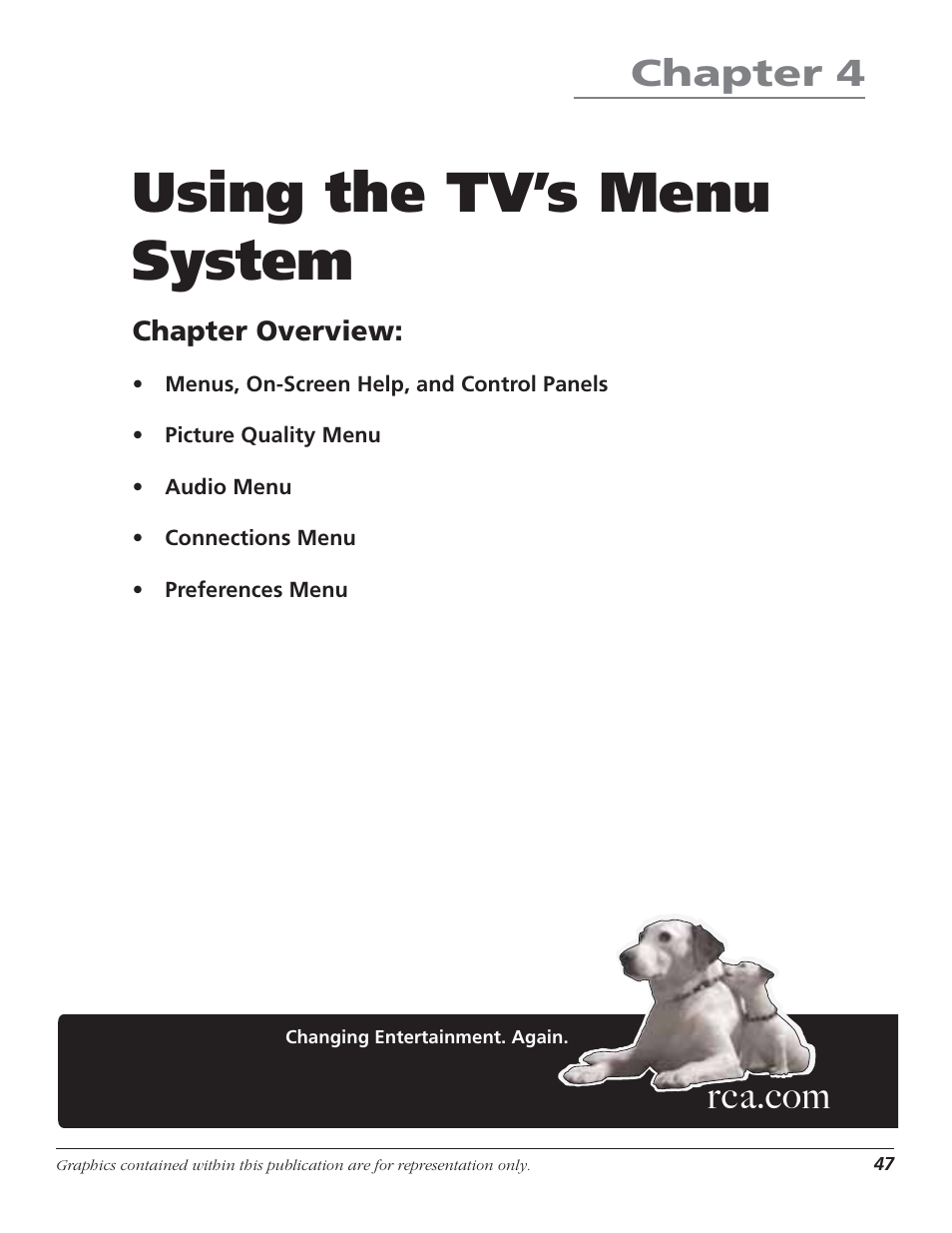 Using the tv’s menu system, Chapter 4, Chapter overview | RCA HD50LPW62 User Manual | Page 49 / 80