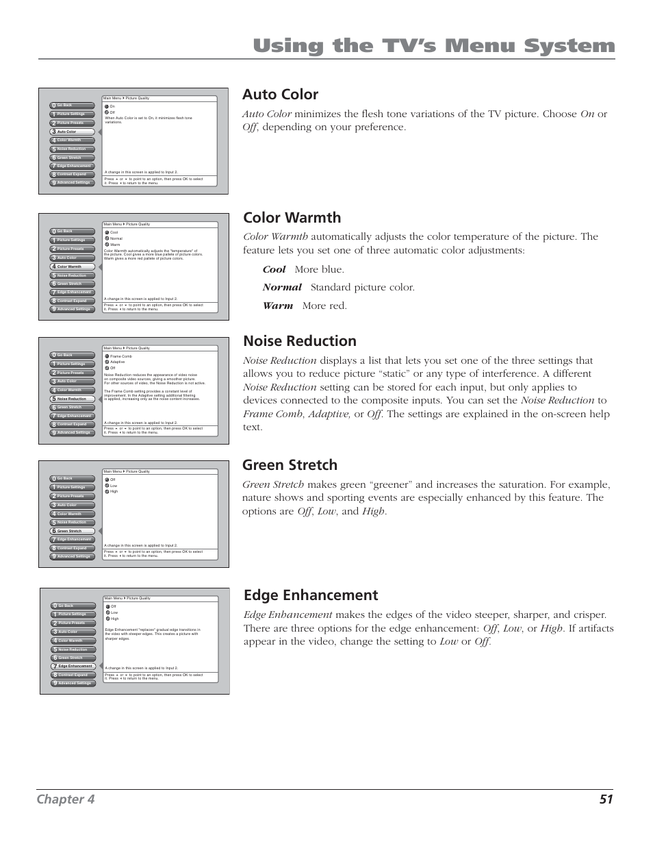 Using the tv’s menu system, Color warmth, Noise reduction | Auto color, Green stretch, Edge enhancement, Chapter 4 51 | RCA HD50LPW62 User Manual | Page 53 / 80