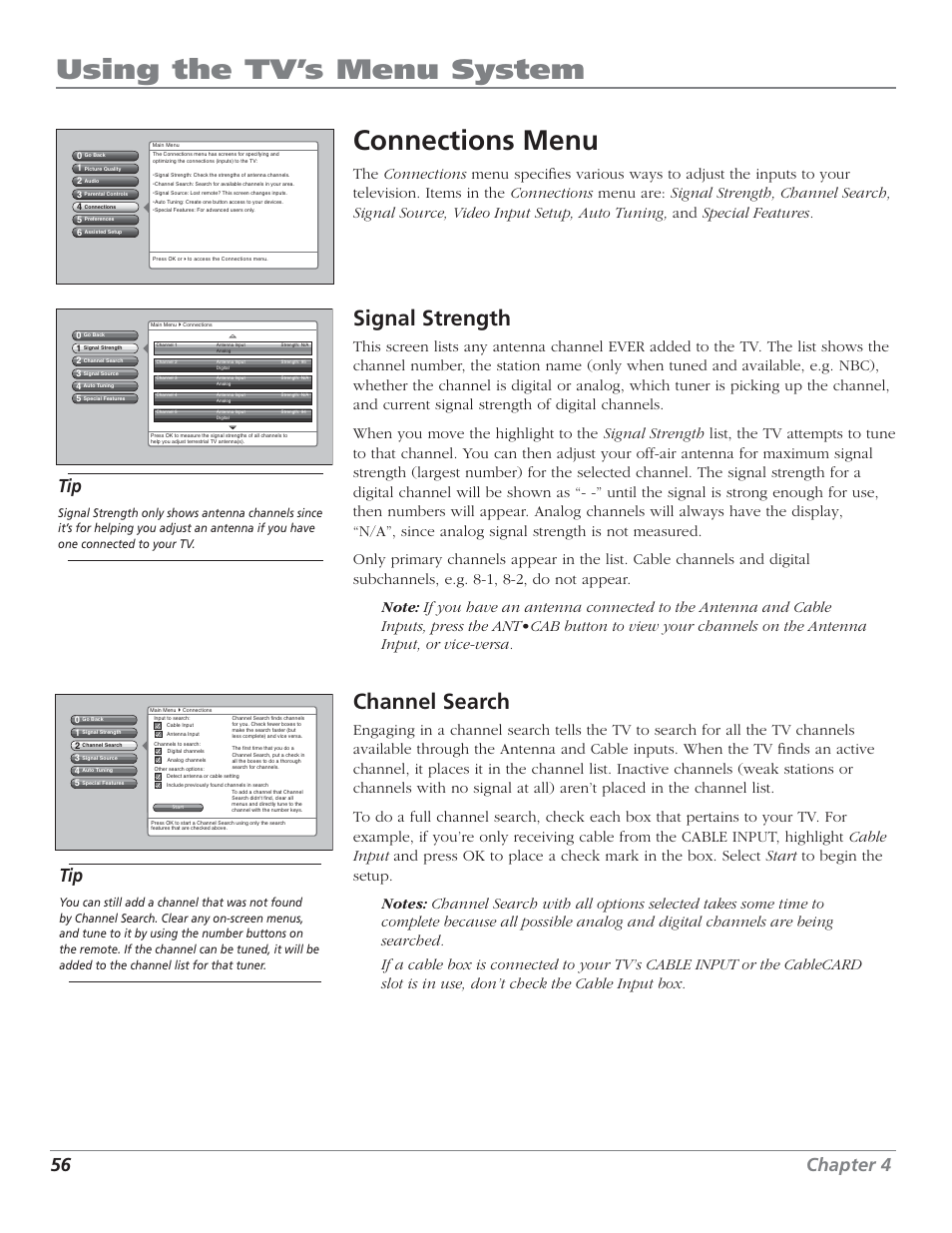Using the tv’s menu system, Connections menu, Signal strength | Channel search, 56 chapter 4 | RCA HD50LPW62 User Manual | Page 58 / 80
