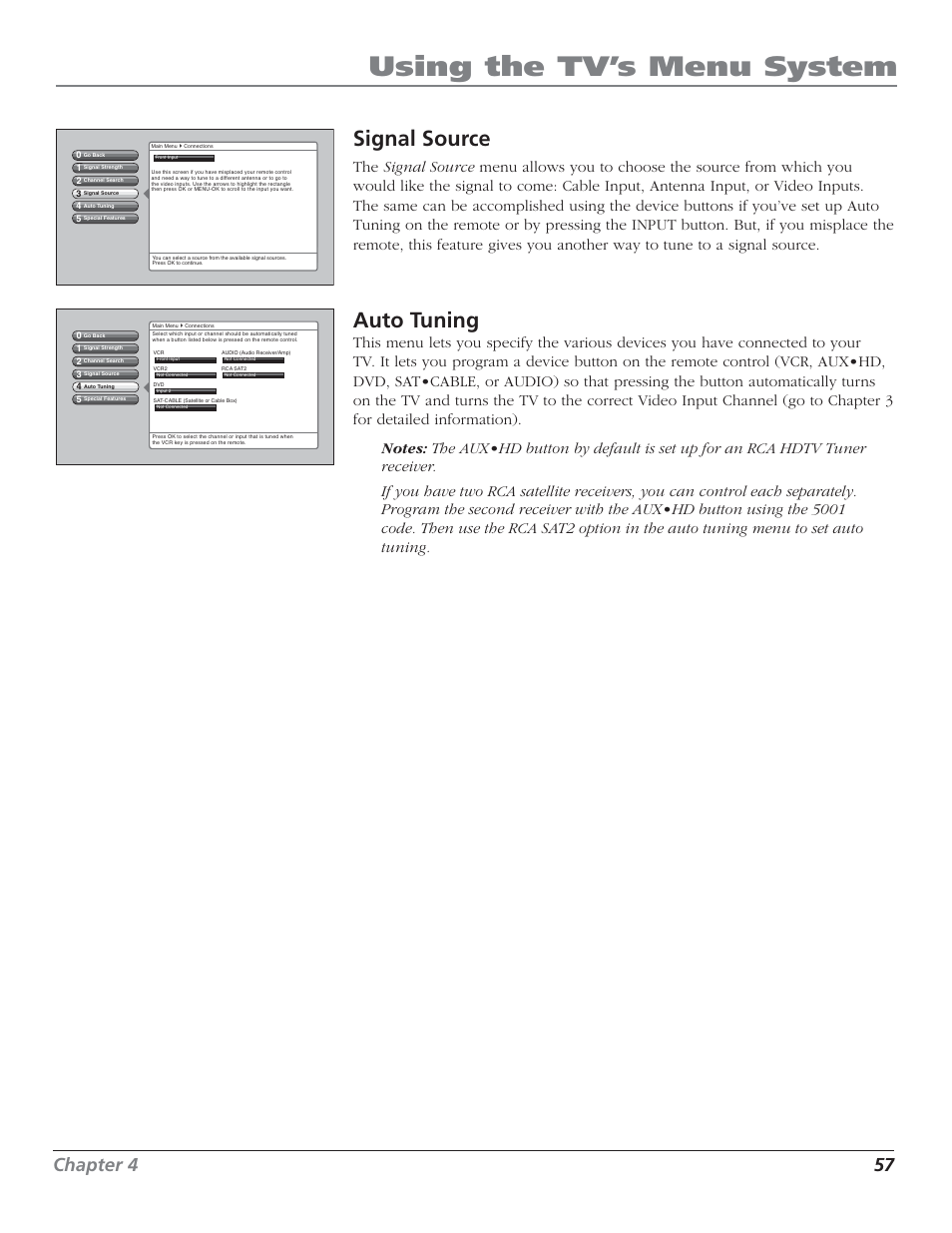 Using the tv’s menu system, Signal source, Auto tuning | Chapter 4 57 | RCA HD50LPW62 User Manual | Page 59 / 80