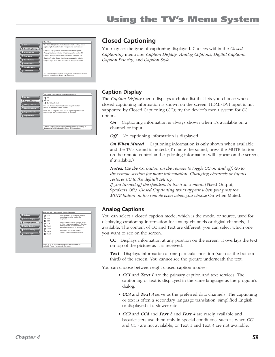 Using the tv’s menu system, Closed captioning, Chapter 4 59 | Caption display, Analog captions | RCA HD50LPW62 User Manual | Page 61 / 80
