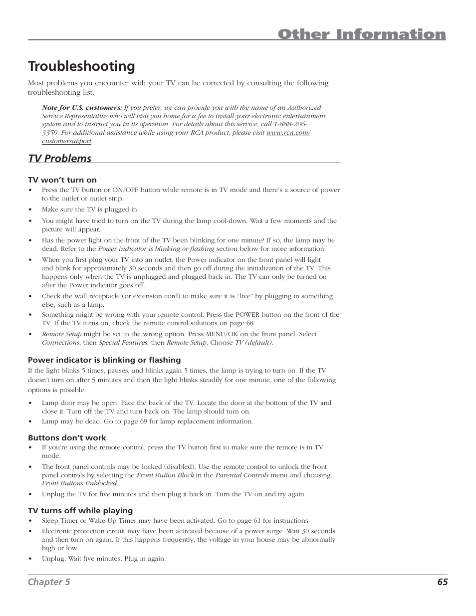 Other information, Troubleshooting, Tv problems | RCA HD50LPW62 User Manual | Page 67 / 80