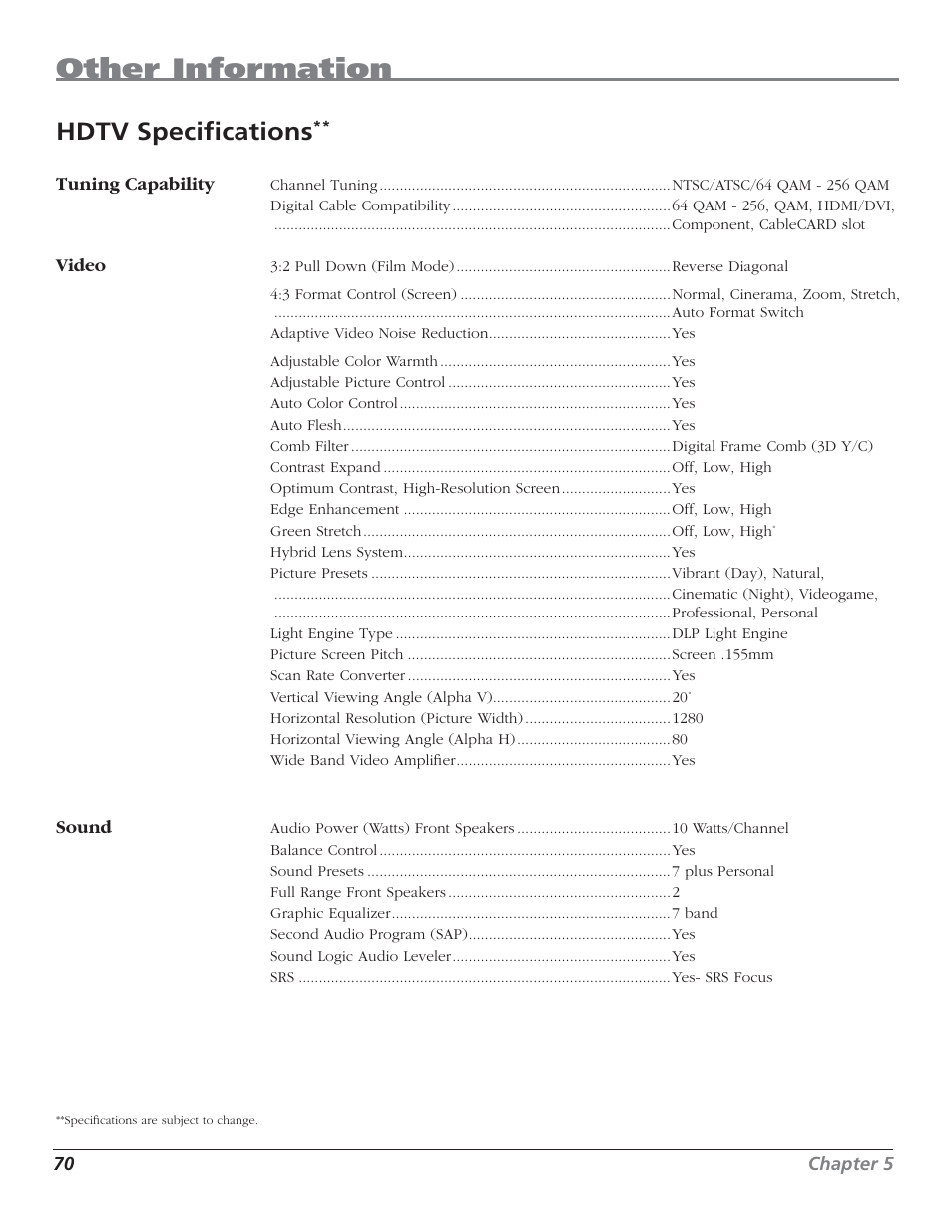 Other information, Hdtv specifi cations | RCA HD50LPW62 User Manual | Page 72 / 80