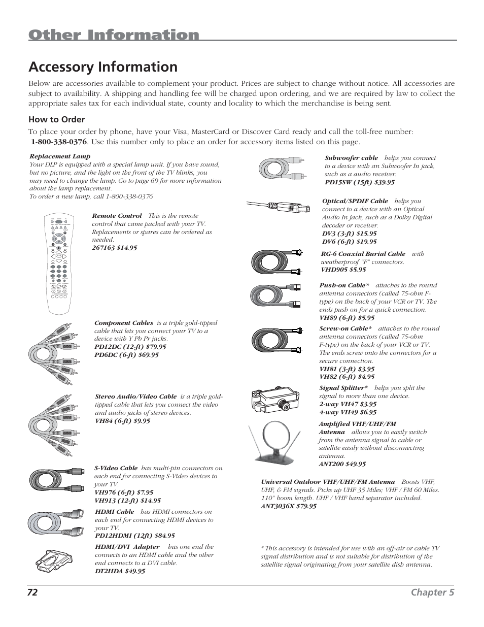 Other information, Accessory information, 72 chapter 5 | How to order | RCA HD50LPW62 User Manual | Page 74 / 80