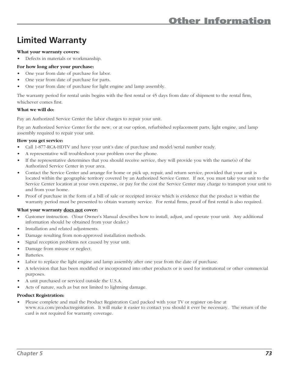 Other information, Limited warranty | RCA HD50LPW62 User Manual | Page 75 / 80