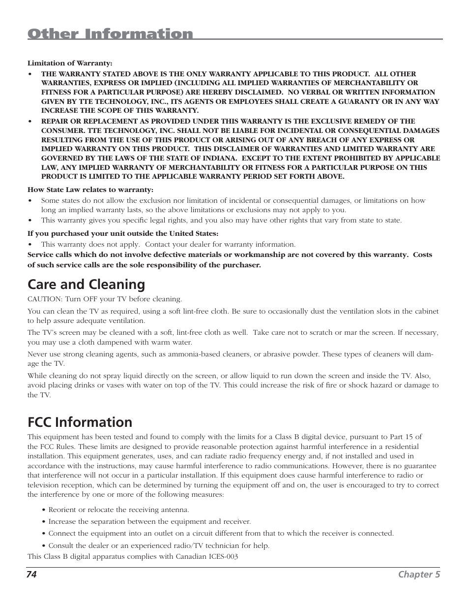 Other information, Care and c leaning, Fcc information | RCA HD50LPW62 User Manual | Page 76 / 80