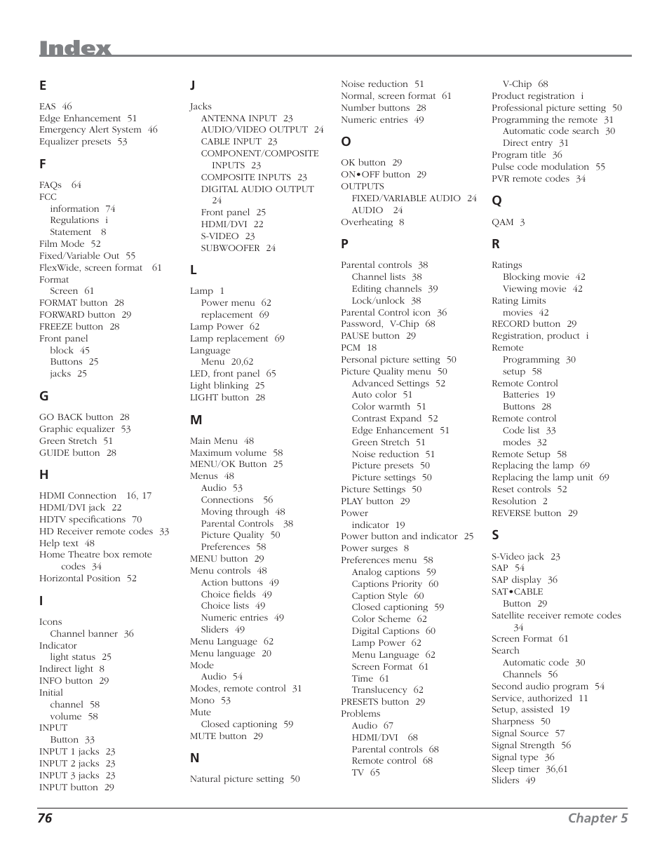 Index | RCA HD50LPW62 User Manual | Page 78 / 80