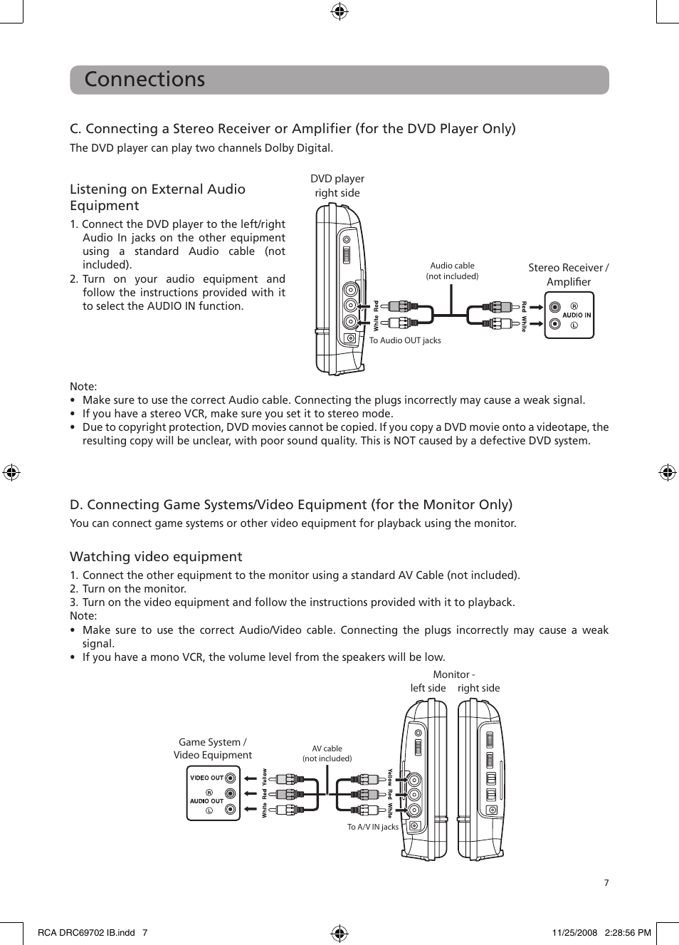 Connections, Watching video equipment, Listening on external audio equipment | RCA DRC69702 User Manual | Page 11 / 28