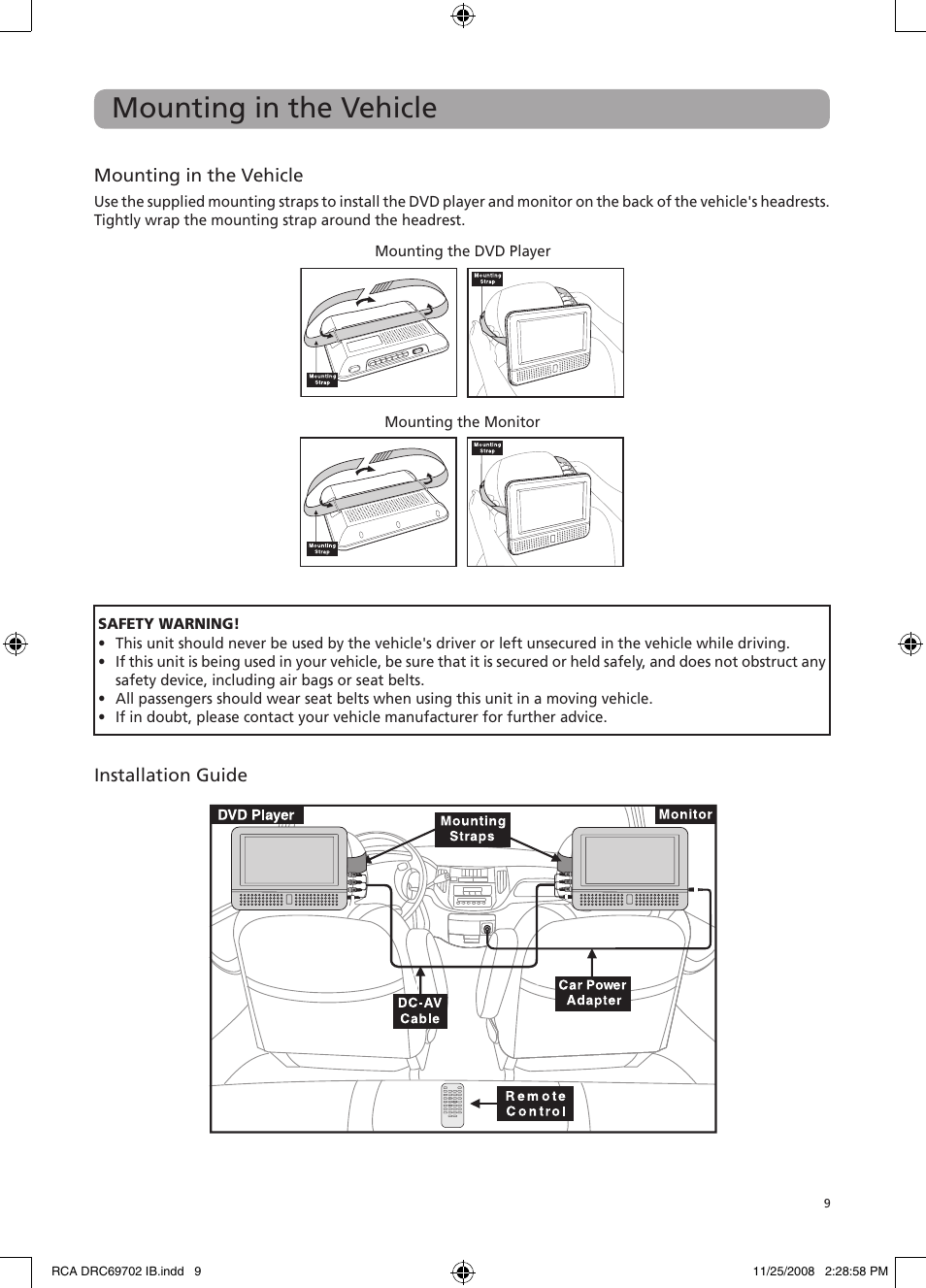 Mounting in the vehicle | RCA DRC69702 User Manual | Page 13 / 28